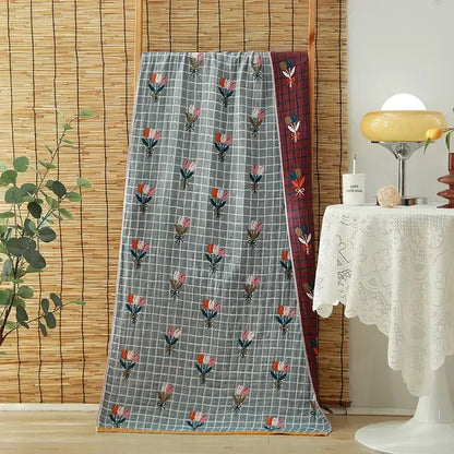 Floral orange and pink cotton gauze adult bath towels with gray maroon embroidered tulips and plaid border decorbites cotton gauze