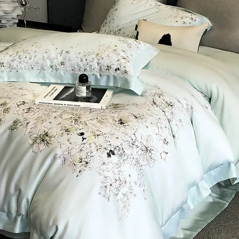 Light blue satin duvet cover with delicate black and white decorbites flowers plant embroidery in bedding set