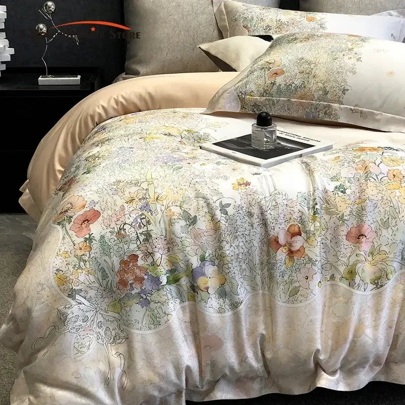 Floral pastel cream lyocell cotton bedding set with soft satin duvet cover featuring decorbites flowers plant print