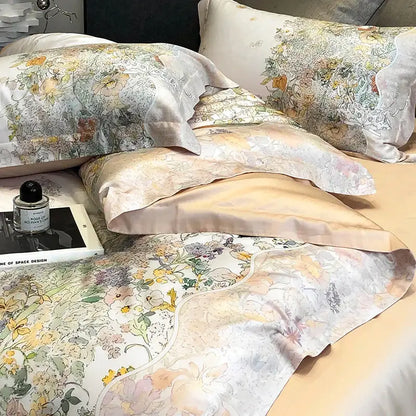 Floral pastel cream lyocell cotton bedding set with pastel floral silk pillowcases featuring decorbites flowers plant print