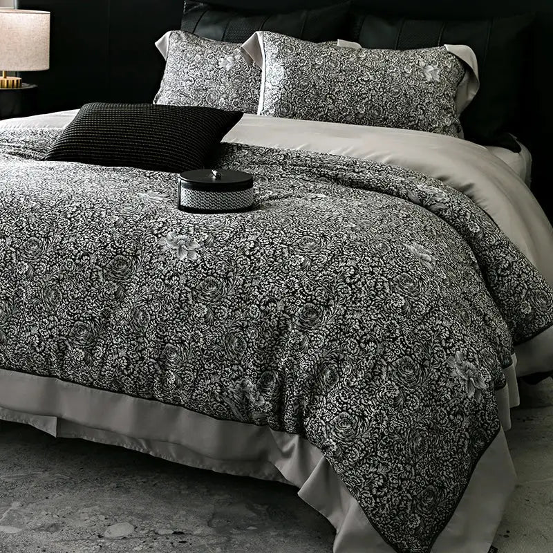 Black and silver floral patterned satin trim duvet cover set in lyocell cotton bedding set with decorbites flowers plant print
