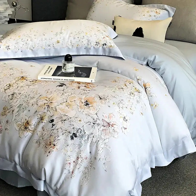 Light blue satin duvet cover with pastel cream flowers plant print for floral pastel cream lyocell cotton bedding set