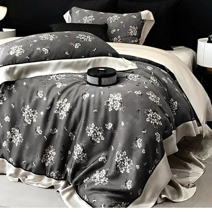 Elegant gray satin duvet cover bedding set with delicate white floral embroidery and cream ruffled edges decorbites flowers plant print