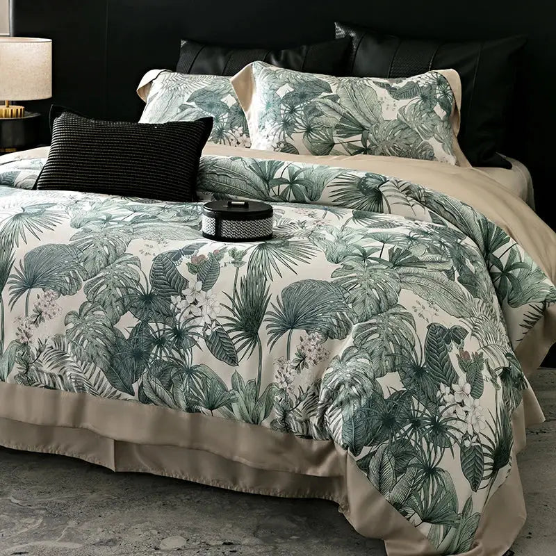 Beige and green tropical leaf patterned satin finish duvet set in floral pastel cream lyocell cotton bedding set with decorbites flowers plant print