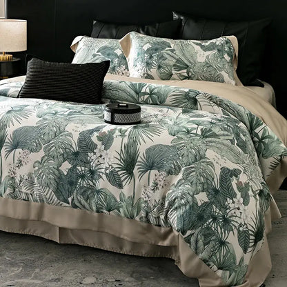 Beige and green tropical leaf patterned satin finish duvet set in floral pastel cream lyocell cotton bedding set with decorbites flowers plant print