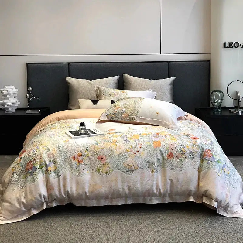 Floral pastel cream lyocell cotton bedding set with soft flowers plant print and delicate lace trim for decorbites decor
