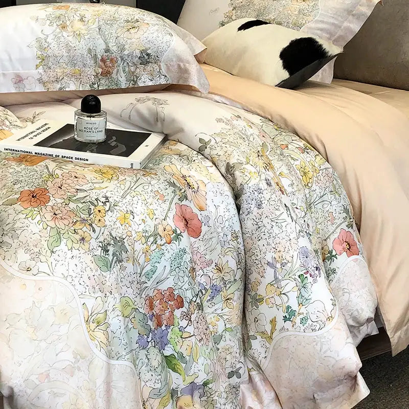 Floral pastel cream lyocell cotton bedding set with delicate flowers plant print in soft pinks oranges and purples decorbites