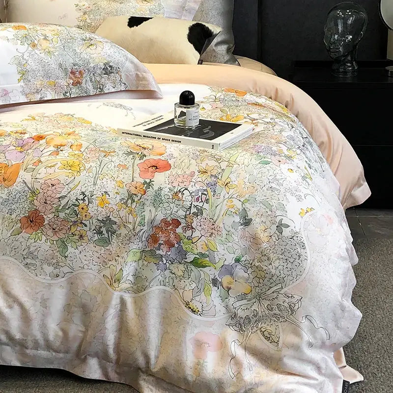 Floral pastel cream lyocell cotton bedding set featuring delicate flowers plant print in soft pinks oranges and greens