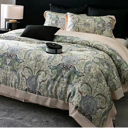 Elegant cream-colored lyocell cotton bedding set with satin finish featuring intricate flowers plant print paisley patterns
