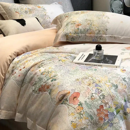 Cream-colored silk duvet cover with soft pastel decorbites flowers plant print in floral pastel cream lyocell cotton bedding set
