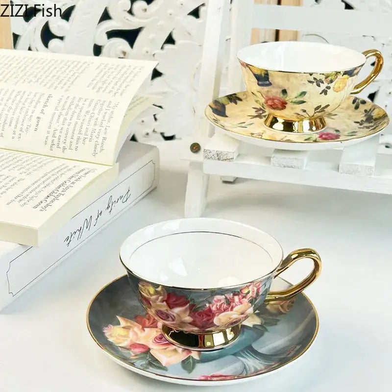 Elegant porcelain coffee cup and saucer set with decorbites flowers pattern featuring hand-painted roses and gold accents