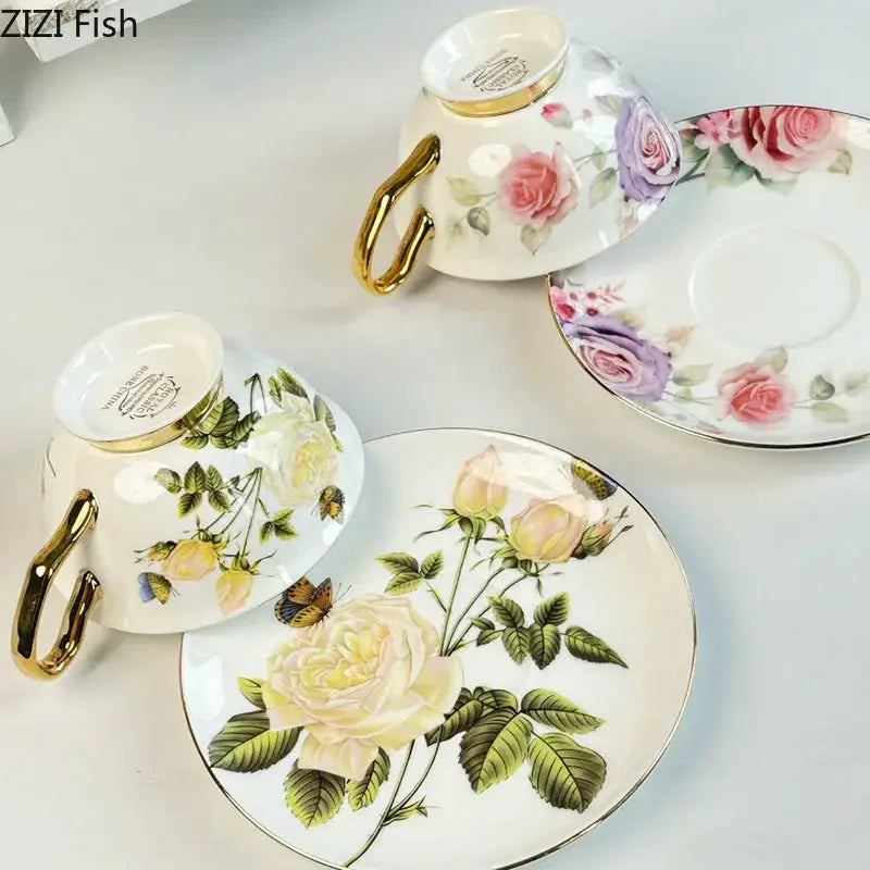 Elegant porcelain coffee cup and saucer set with decorbites flowers pattern in soft pink, lavender, and cream hues