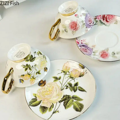Elegant porcelain coffee cup and saucer set with decorbites flowers pattern in soft pink, lavender, and cream hues