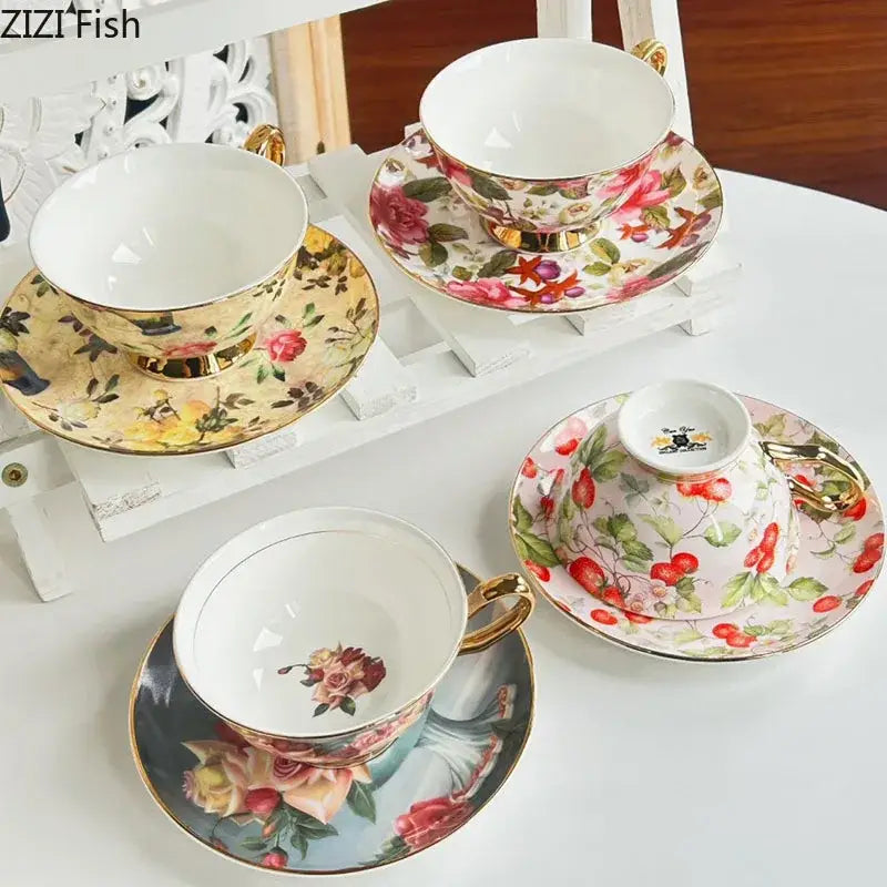 Three floral pattern porcelain coffee cups with gold rims and handles paired with matching saucer set decorbites flowers pattern