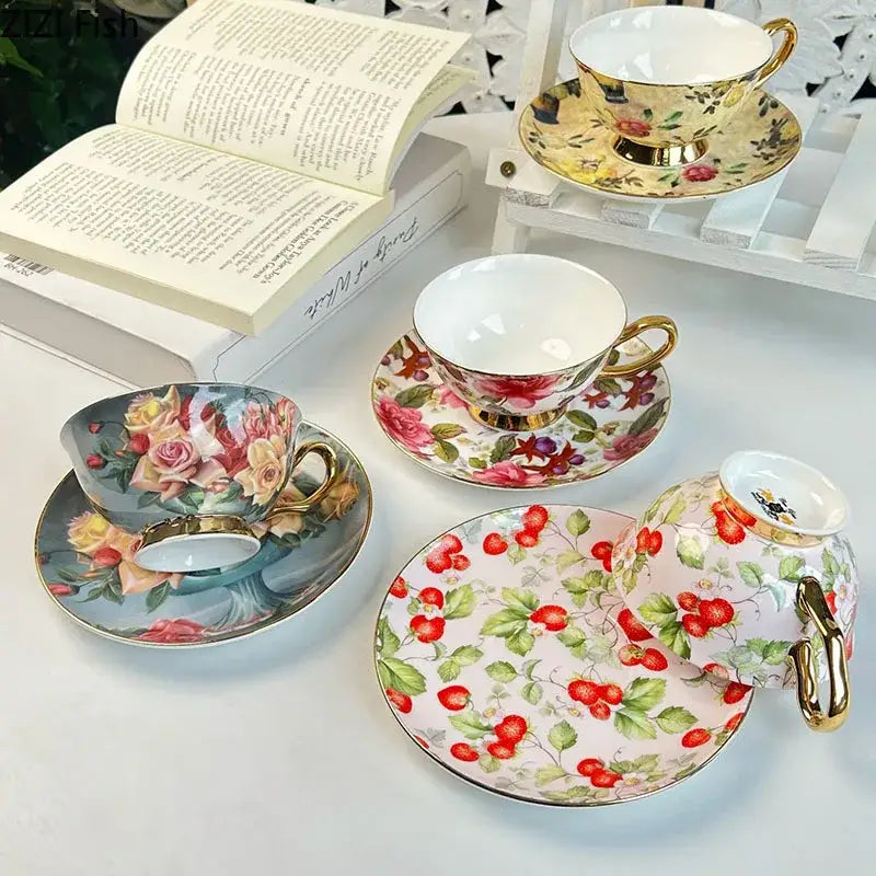 Elegant porcelain coffee cup and saucer set with decorbites flowers pattern and gold rims in soft pastel hues