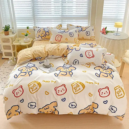 Cute yellow and white bear themed decorbites cotton printed bedding set featuring playful cartoon designs for bedroom comfort