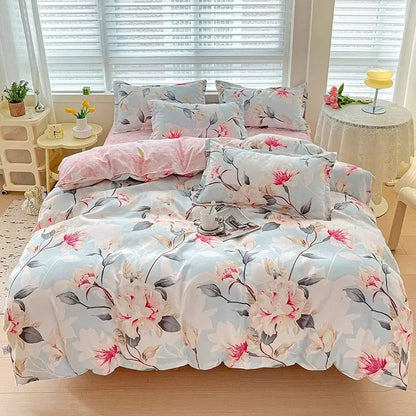Floral pink and blue rose cotton printed bedding set featuring soft light blue cotton printed decorbites cotton printed design