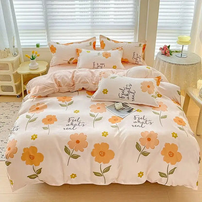 Pastel peach floral bedding set with orange yellow blossoms green stems and feel whats real print by decorbites cotton printed