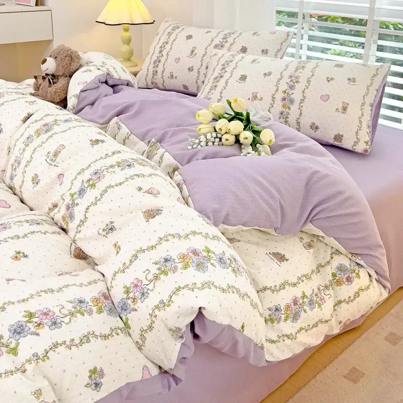 Lavender and cream floral pink and cream cotton flower printed comforter set with delicate pastel designs for bedroom decorbites cotton flower