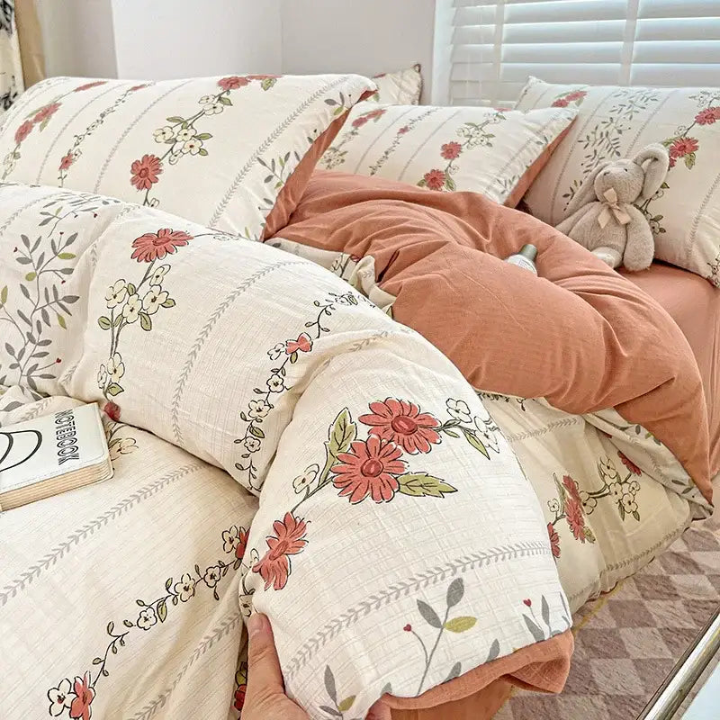 Floral pink and cream cotton flower printed comforter set with cream floral duvet cover in decorbites cotton flower design