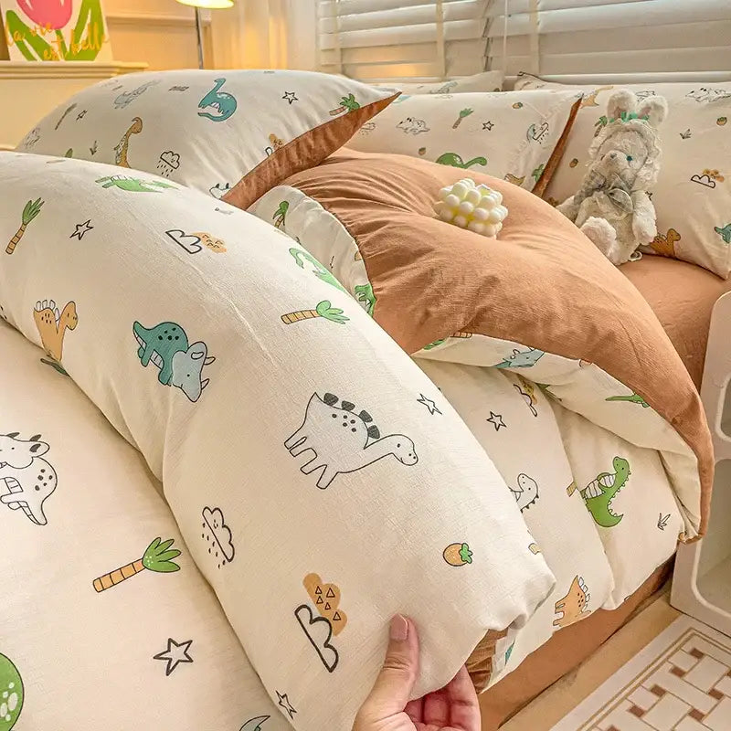 Cream-colored dinosaur-themed duvet cover with playful illustrations on soft cotton fabric from decorbites cotton flower comforter set