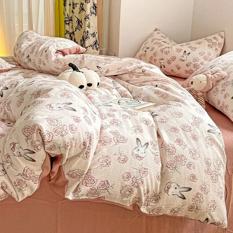 Soft cream comforter set with pink roses and cartoon bunnies featuring decorbites cotton flower printed design