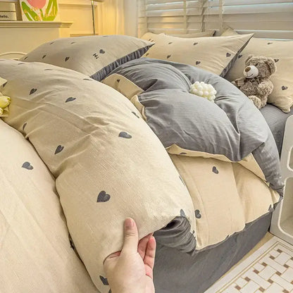 Beige and gray heart-patterned cotton duvet set with soft textured fabric in decorbites cotton flower printed comforter set
