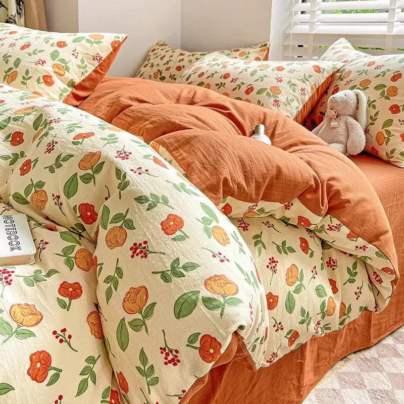 Cream-colored cotton flower printed comforter set with orange blossoms green leaves and red berries for bedroom decorbites