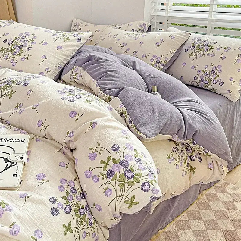 Lavender and cream floral pink and cream cotton flower printed comforter set with soft decorbites cotton flower fabric