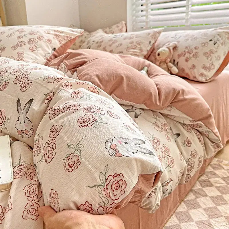 Floral pink and cream comforter set with cotton flower printed design and embroidered bunny faces for bedroom decorbites cotton flower