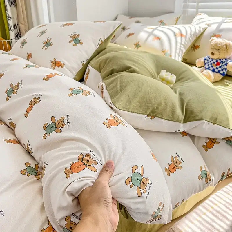White duvet cover with orange and green cartoon bears in soft cotton fabric from decorbites cotton flower printed comforter set