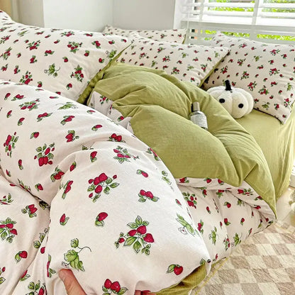 White duvet cover with red strawberry green leaf prints paired with olive green comforter from decorbites cotton flower printed comforter set