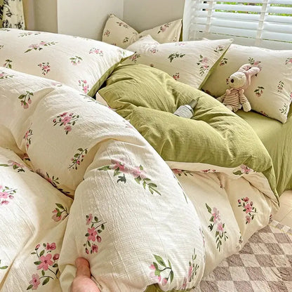 Soft cream cotton flower printed comforter set with delicate pink floral embroidery and sage green decorbites cotton flower comforter