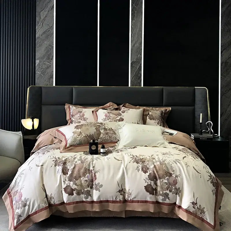 Elegant cream satin egyptian cotton bedding set with brown rose floral embroidery and matching border by decorbites 100s egyptian