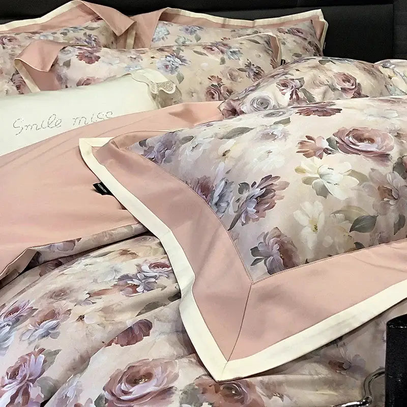 Pastel pink and cream floral patterned egyptian cotton bedding set with satin edges by decorbites 100s egyptian