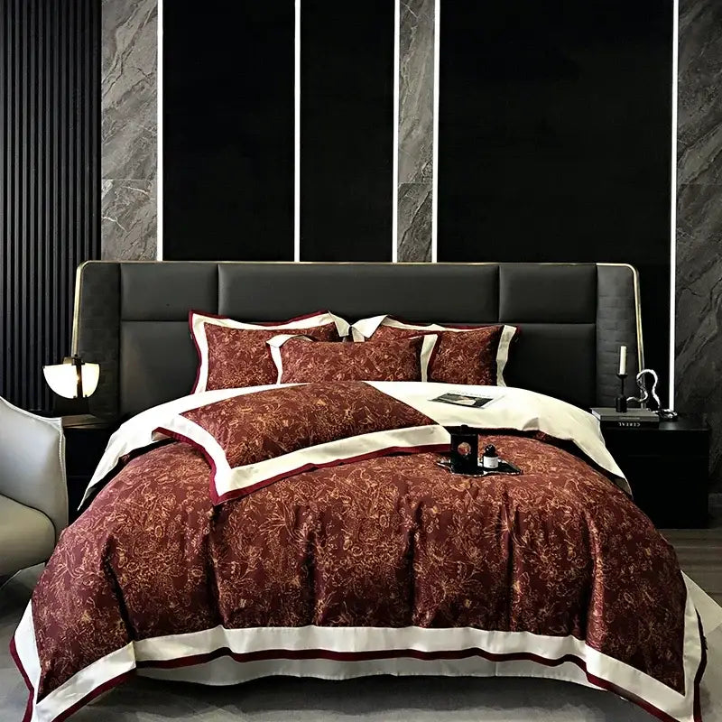 Elegant burgundy satin duvet bedding set with gold floral embroidery and white piping for decorbites 100s egyptian cotton