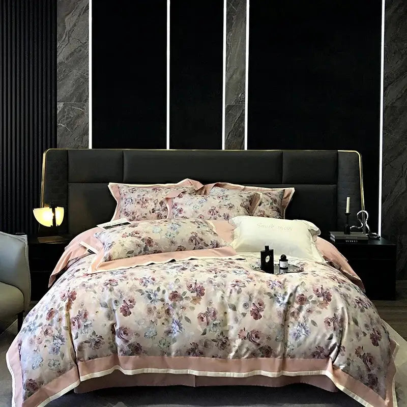 Floral pink egyptian cotton bedding set featuring satin duvet cover with soft blossoms and peach piping by decorbites 100s egyptian