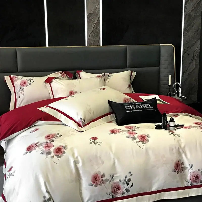 Elegant cream satin duvet cover with pink rose pattern and red piping in decorbites 100s egyptian cotton bedding set