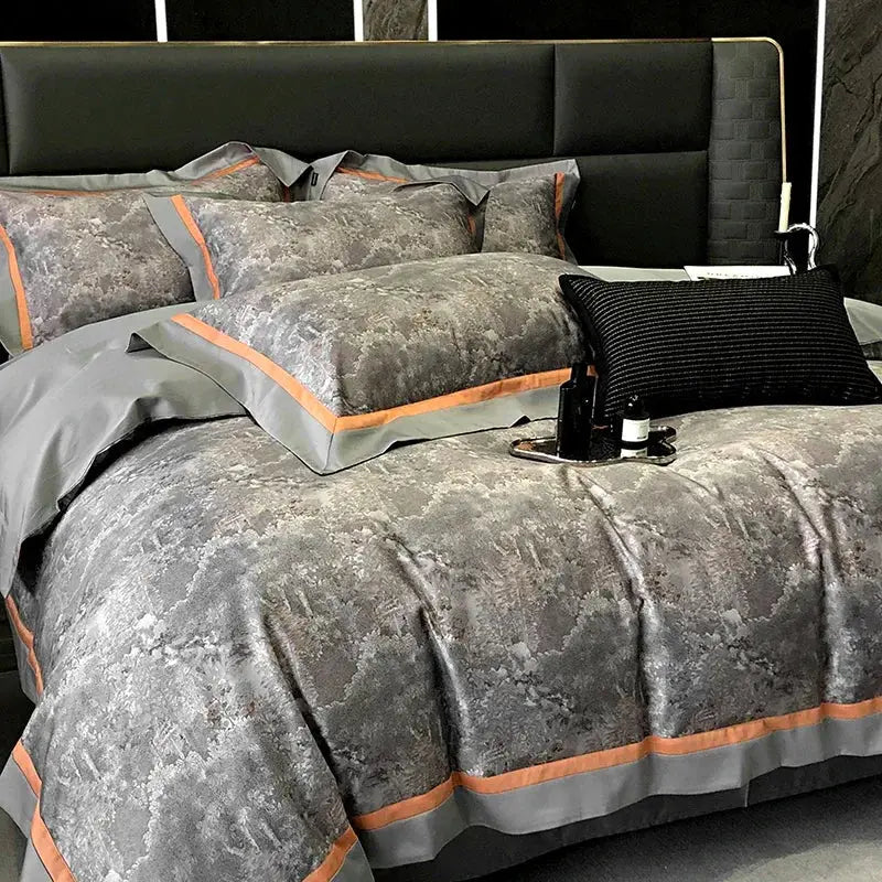 Gray and orange marble-patterned satin bedding set with matching pillowcases for decorbites 100s egyptian cotton collection