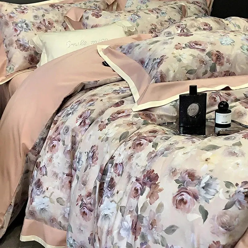 Pastel pink floral egyptian cotton bedding set with soft satin trim and delicate rose pattern by decorbites 100s egyptian