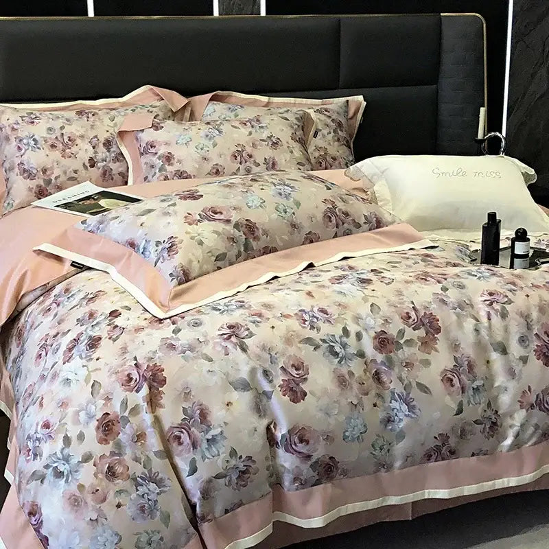 Floral pink egyptian cotton bedding set with blush satin fabric and delicate rose leaf patterns by Decorbites 100s Egyptian
