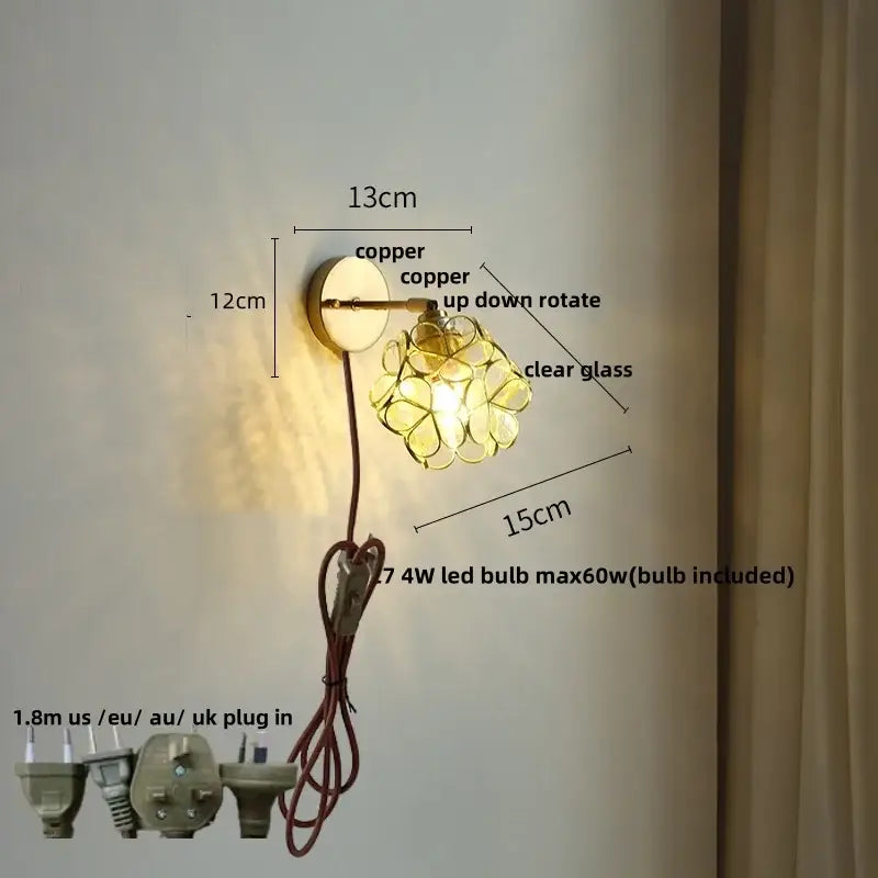 Copper wall light with clear glass flower-shaped shade and adjustable arm for floral pink teal decorbites butterfly glass