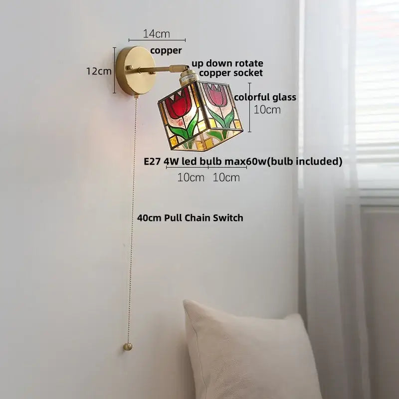 Copper wall light with decorbites butterfly glass colorful stained glass cube featuring red and pink tulips