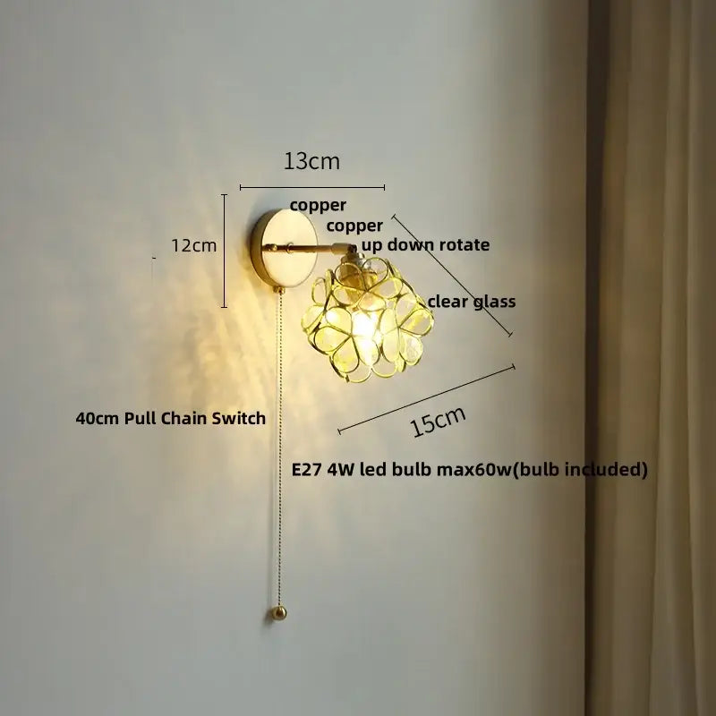 Copper floral pink and teal decorbites butterfly glass wall light with clear flower design and e27 4w led bulb