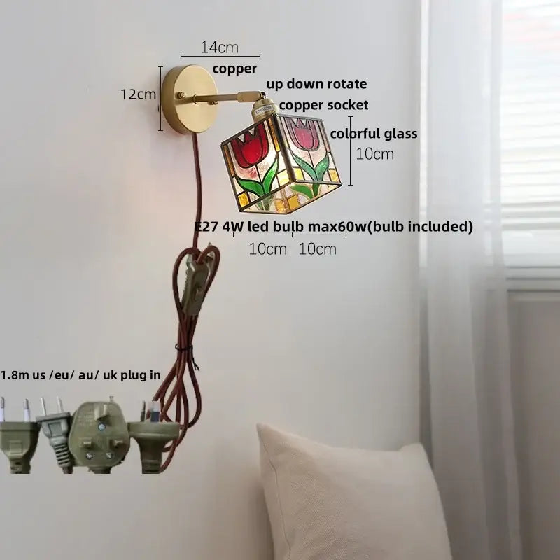 Copper wall light with colorful stained glass cube featuring a red tulip design decorbites butterfly glass wall light