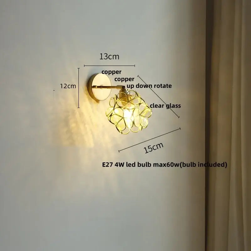 Copper wall light with clear glass flower design from decorbites butterfly glass for pink and teal bedroom decor