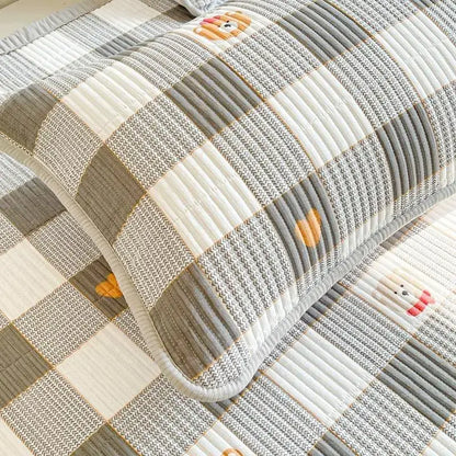 Cute gray and white checkered quilted pillowcase with embroidered animal faces for floral pink and white cartoon small fresh bed sheets decorbites cartoon small bedroom quilt decor