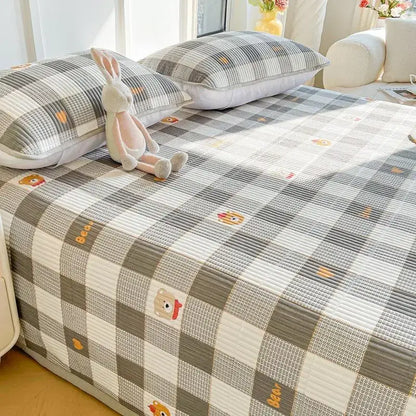 Gray and white checkered bedspread with embroidered teddy bear motifs for decorbites cartoon small fresh bed sheets decor