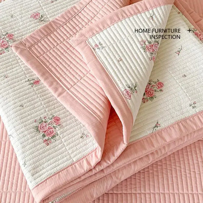 A soft pink and cream quilted bedspread with delicate rose embroidery for decorbites cartoon small fresh bed sheets