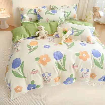 Cute floral and puppy-themed decorbites cotton printed bedding set in soft pastel colors for bedroom decor